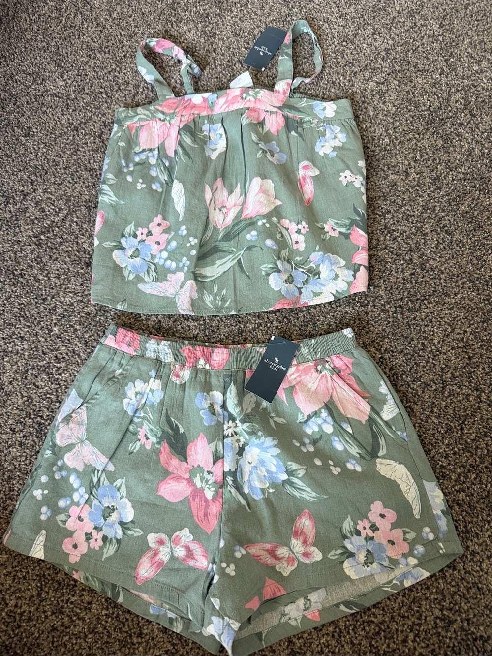 abercrombie kids Olive Green Floral Athletic Shorts with Pink & Blue Accents
